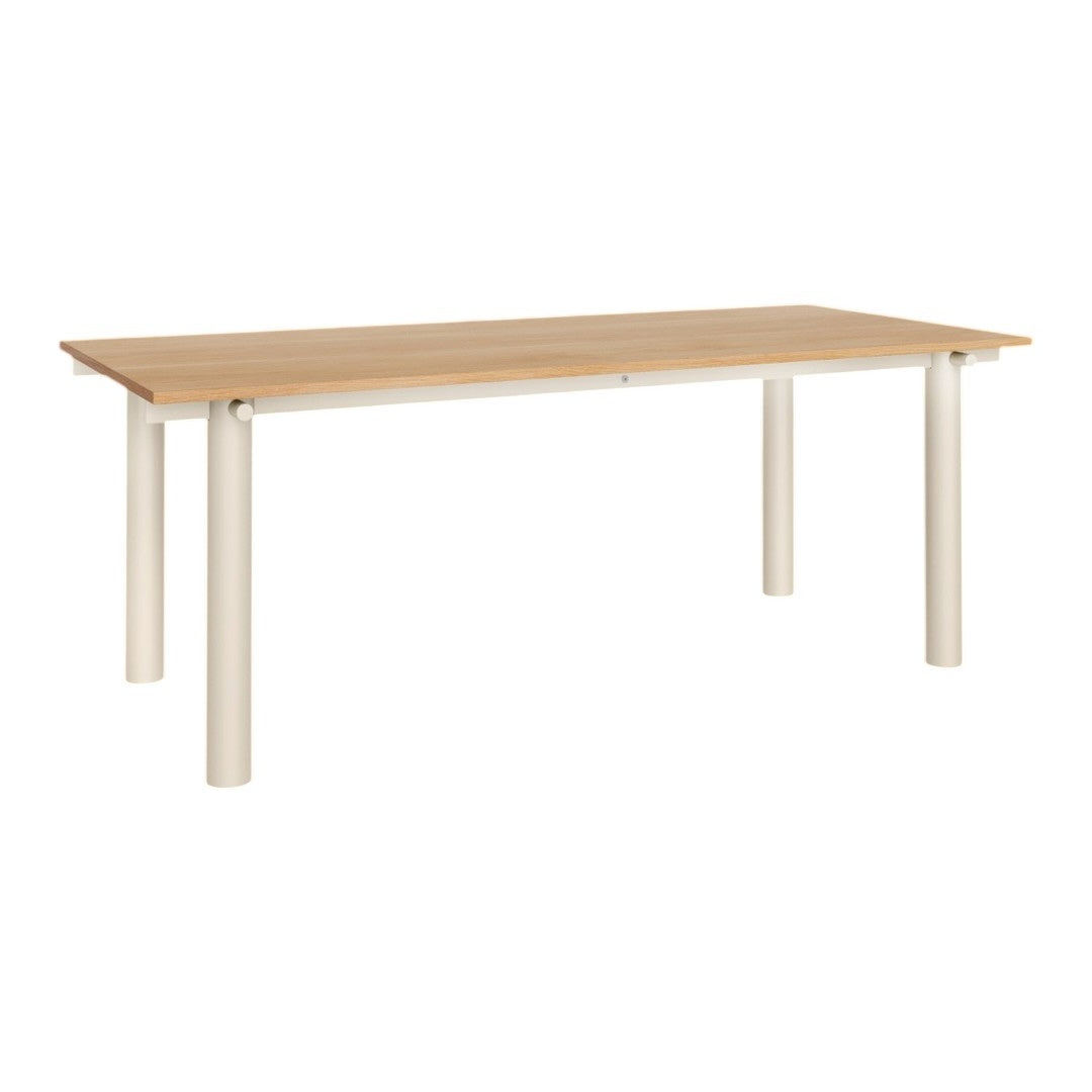 Light wood finish tabletop with a smooth, natural grain pattern, complemented by sleek white legs. Perfect for modern decor.