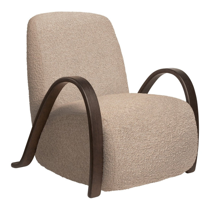 Beige textured chair with smooth dark wood arms, featuring a minimalist modern design. Perfect for stylish interiors.