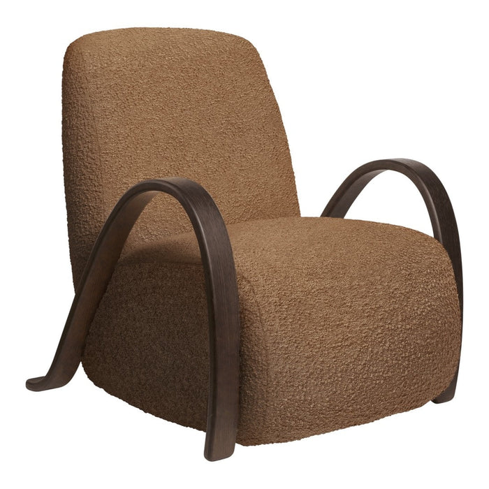 Brown textured upholstery chair with smooth wooden arms, perfect for a cozy, modern aesthetic.