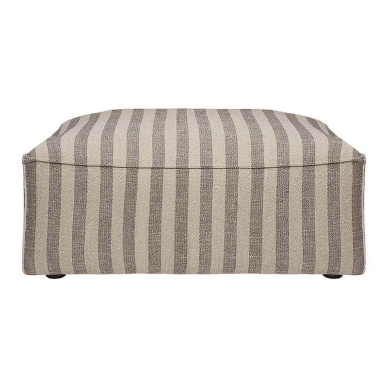 Beige and taupe striped ottoman with a contemporary, versatile design, perfect for any modern living space.