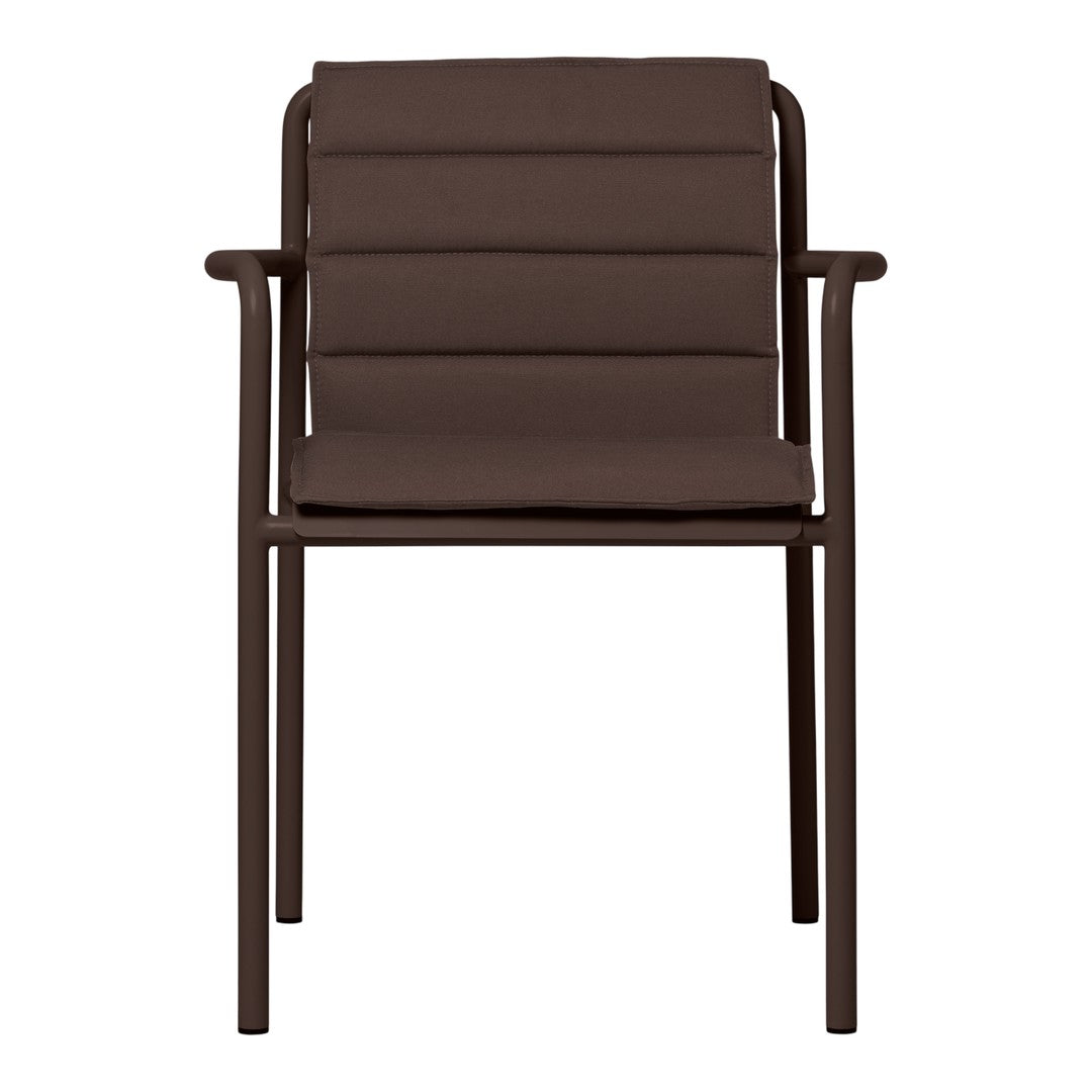 Brown padded dining chair with horizontal stitched pattern and sleek metal frame. Ideal for modern spaces.