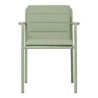 Light green dining chair with a textured cushion and sleek metal frame. Modern design ideal for indoor or outdoor use.