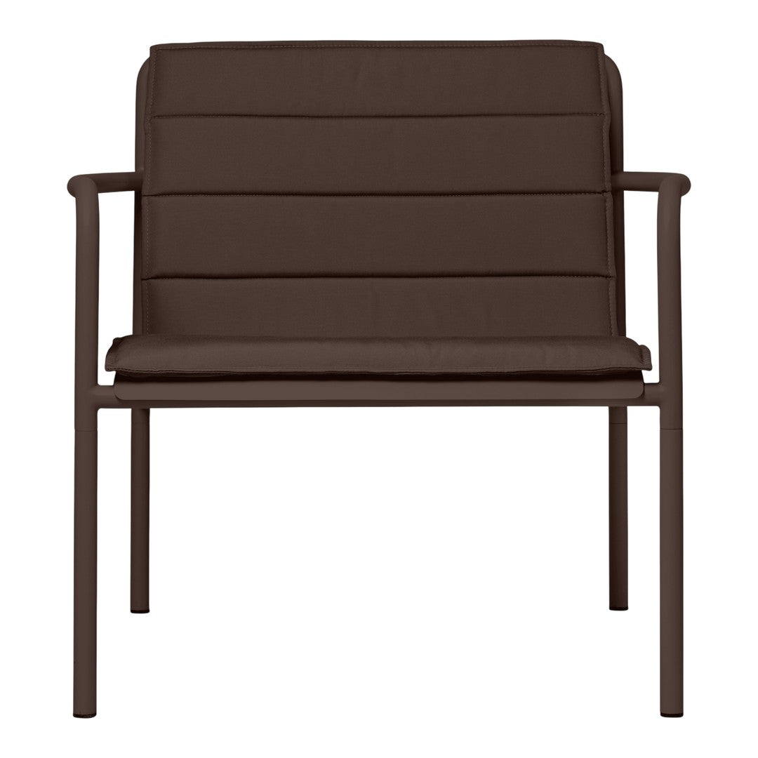 Brown upholstered chair with a sleek, modern design and horizontal stitching patterns on the seat and backrest.