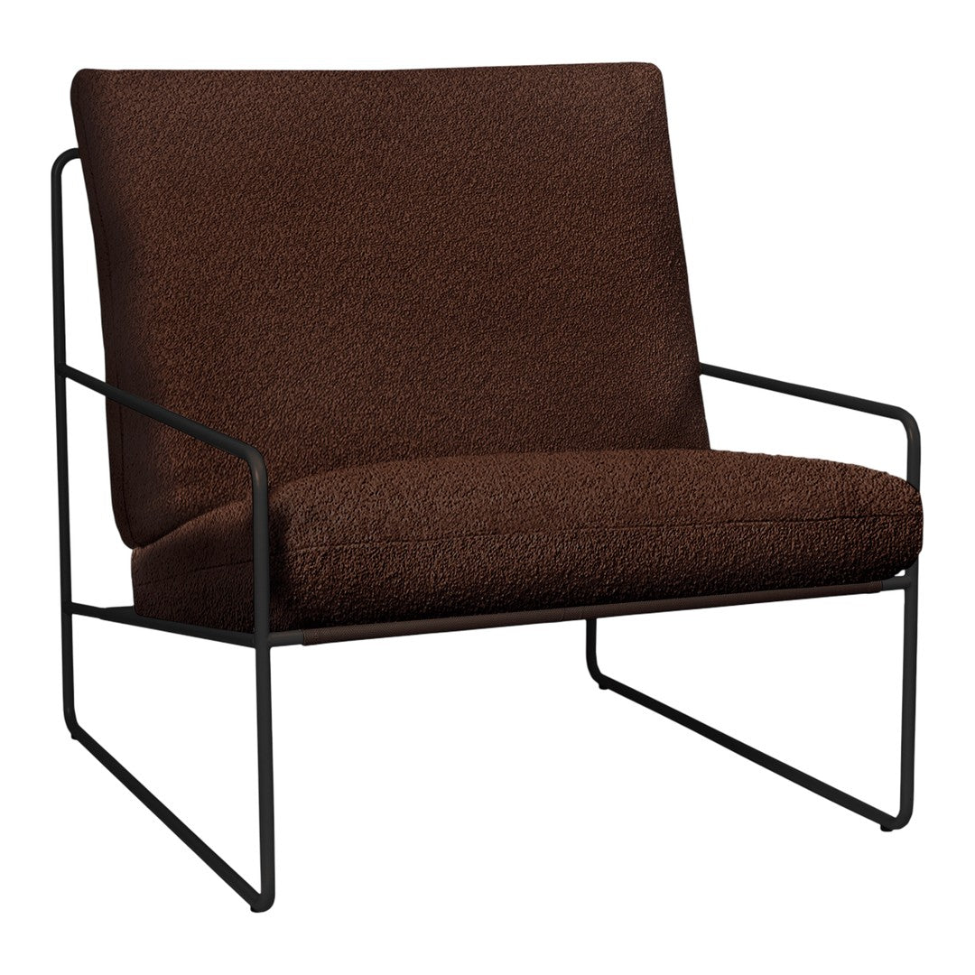 Brown textured fabric chair with a sleek black metal frame, adding a modern touch to any space.