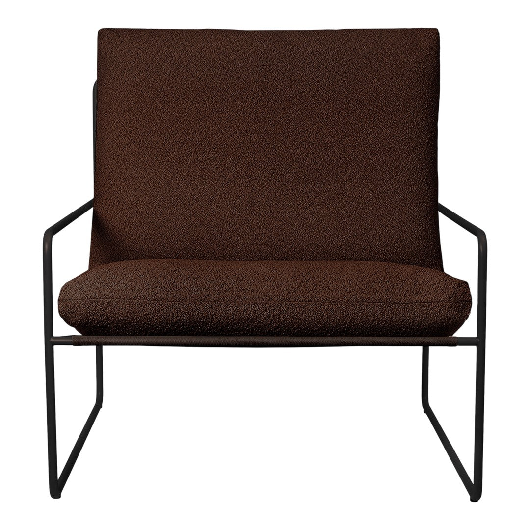 Brown textured upholstery on a stylish black metal frame chair. Perfect for modern living spaces.