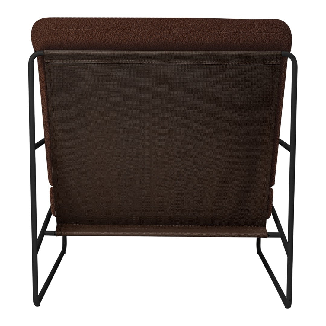 Back view of a chair featuring a rich brown fabric and black metal frame. Simple, modern design with no patterns.
