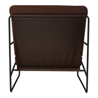 Back view of a chair featuring a rich brown fabric and black metal frame. Simple, modern design with no patterns.