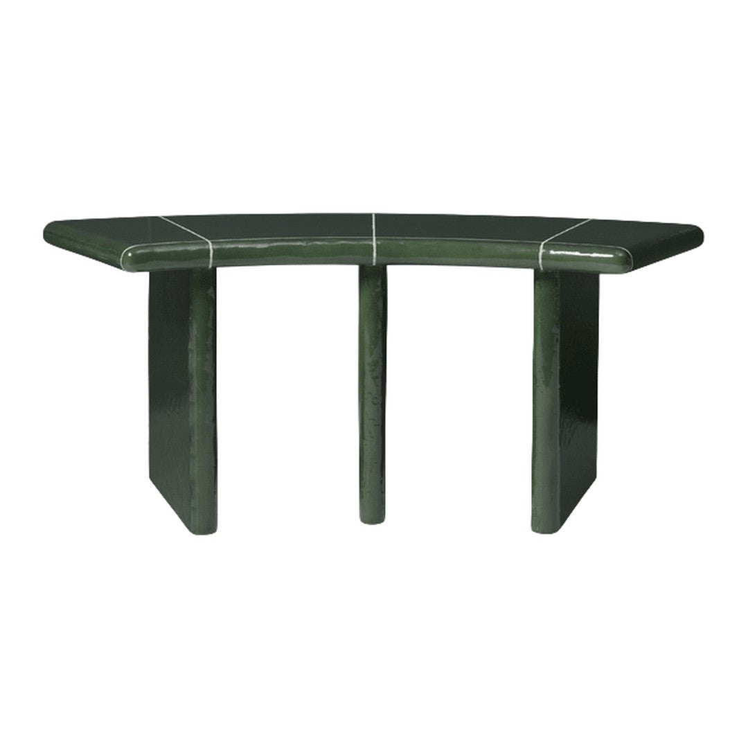 Green geometric console table with sleek lines and a glossy finish, perfect for modern decor.