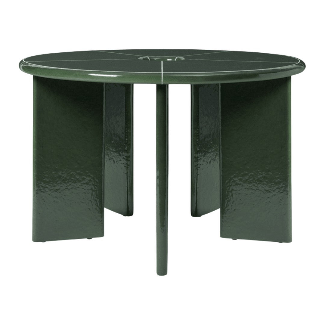 Round green dining table with a glossy finish and sleek geometric design. Perfect for modern interiors.