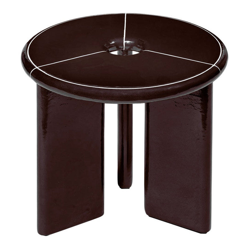 Round dark brown side table with a glossy finish and white geometric pattern on top. Modern minimalist design.