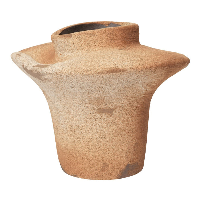Artisan beige ceramic vase with a textured, rustic finish and a unique, sculptural shape. Ideal for modern decor.