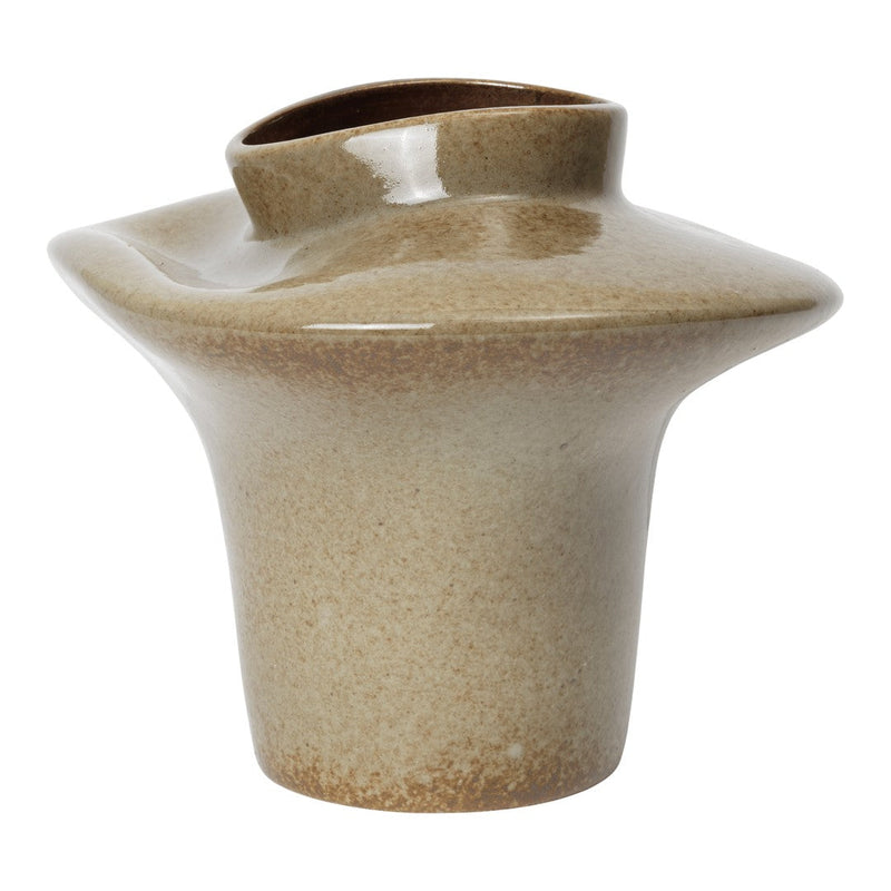 Ceramic vase in muted brown and cream tones with a unique, textured surface pattern.