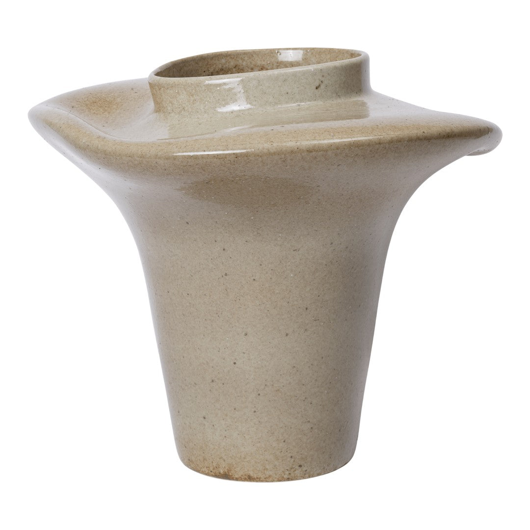 Beige ceramic vase with a smooth, glossy finish and a unique sculptural shape.