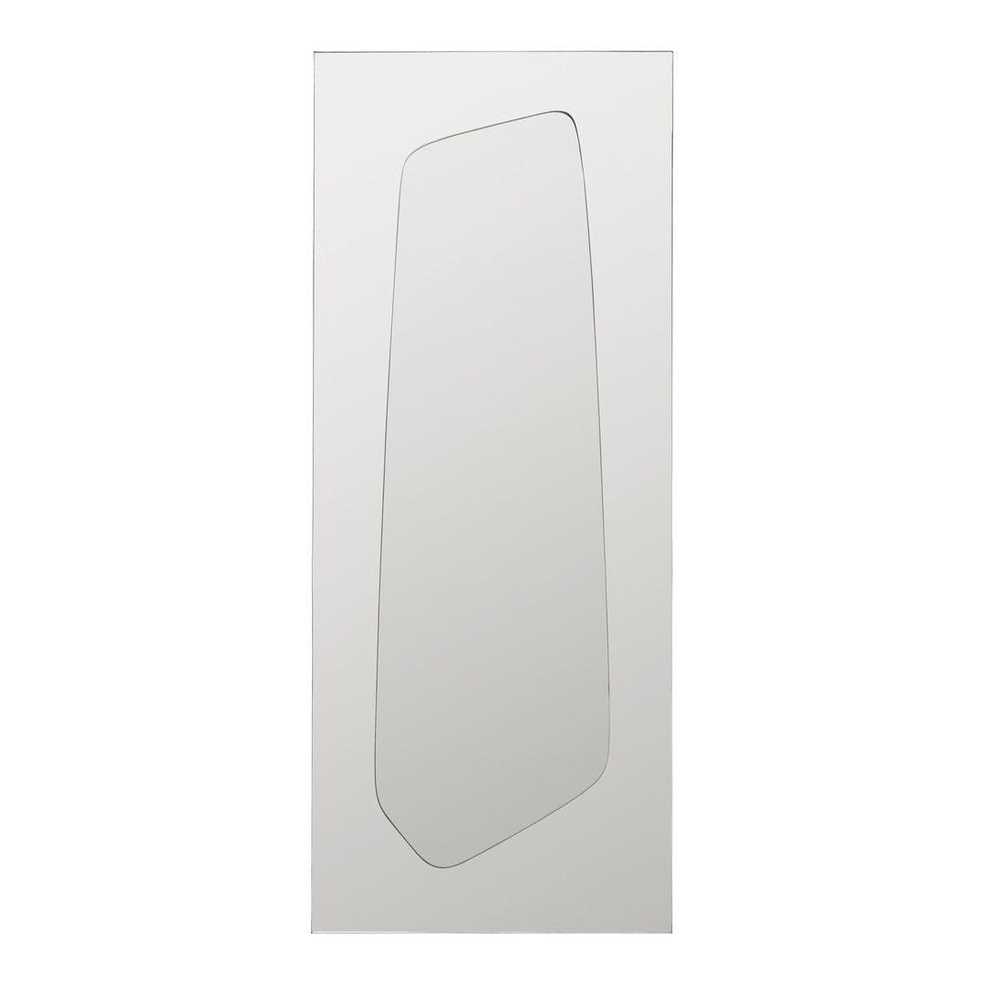 Sleek white wall mirror with a modern, irregular shape and a smooth reflective surface. Ideal for contemporary decor.