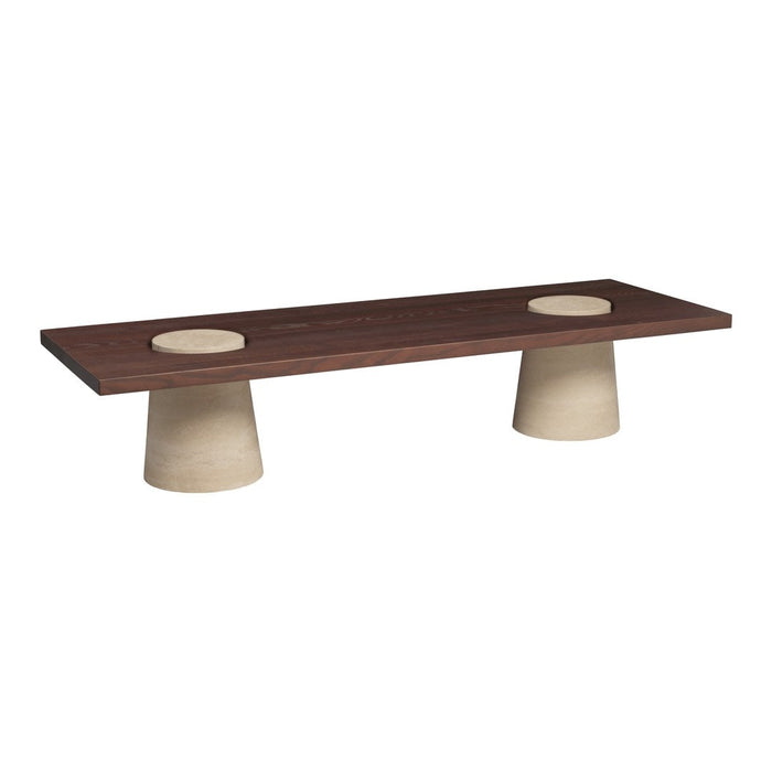Modern coffee table with a dark wood finish and beige textured pedestals, featuring a sleek minimalist design.
