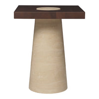 Brown rectangular top with circular cutout on a beige conical base, smooth finish. Modern, minimalist design.