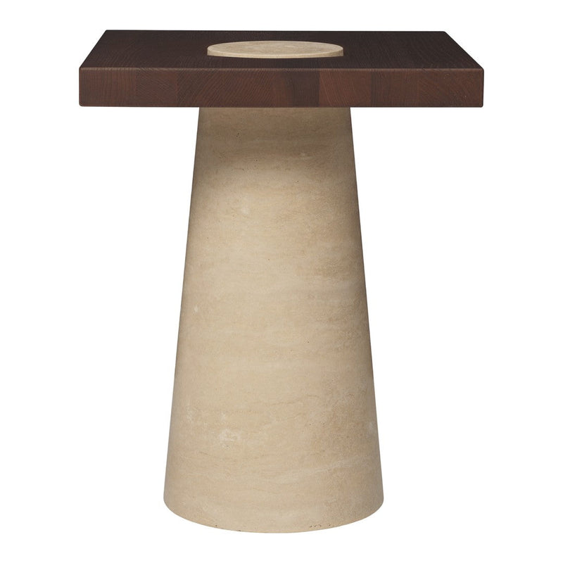 Brown rectangular top with circular cutout on a beige conical base, smooth finish. Modern, minimalist design.