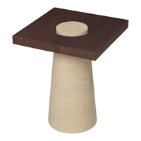 Modern square side table with a dark wood top and a textured beige base, featuring a circular cutout.