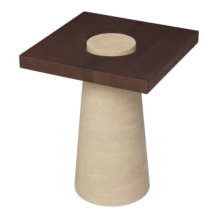 Modern square side table with a dark wood top and a textured beige base, featuring a circular cutout.