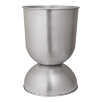Brushed silver metal cup with a sleek, shiny finish and a modern hourglass shape. Ideal for contemporary decor.