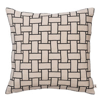 "Beige and black woven pattern decorative pillow with geometric design."