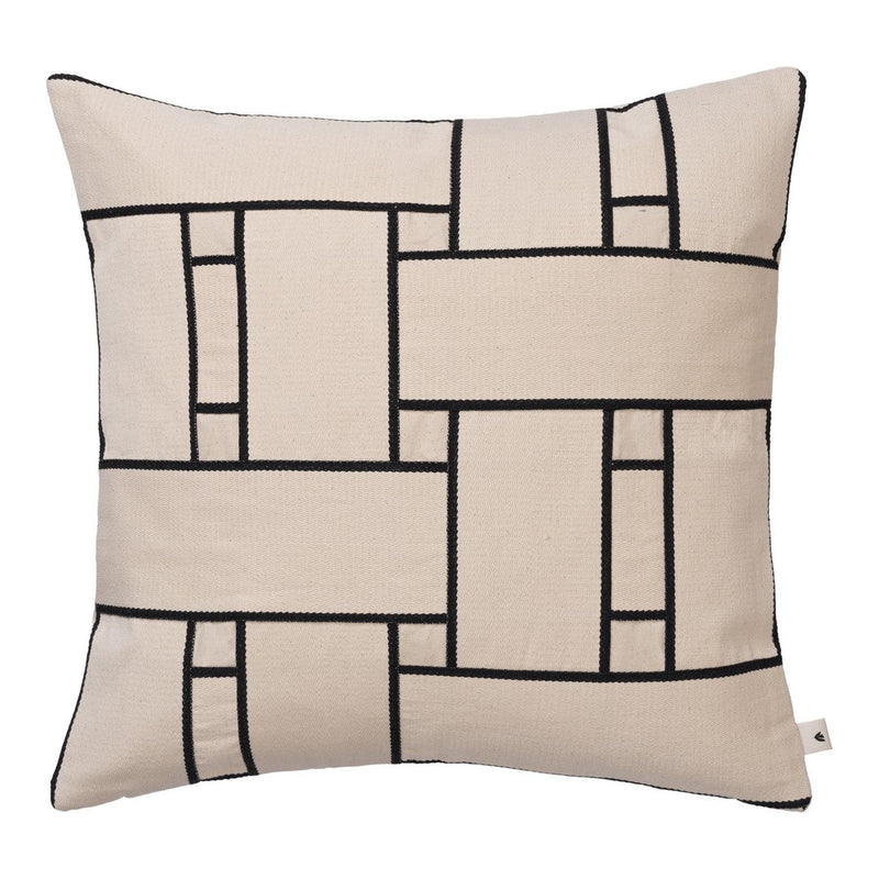 Beige pillow with a black geometric pattern featuring interwoven rectangles and lines. Perfect for modern decor.