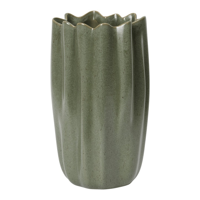 Green ribbed ceramic vase with wavy edges, showcasing a subtle textured finish for a modern aesthetic.