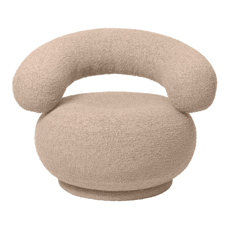 Beige boucle upholstered chair with rounded armrests and a soft, textured finish, perfect for modern decor.