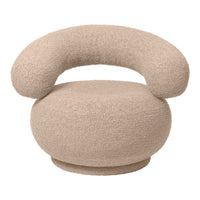 Beige, plush accent chair with rounded shapes and a soft, textured surface, perfect for modern decor.