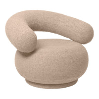 Beige boucle armchair with a rounded design and curved armrest, offering a soft, textured appearance.
