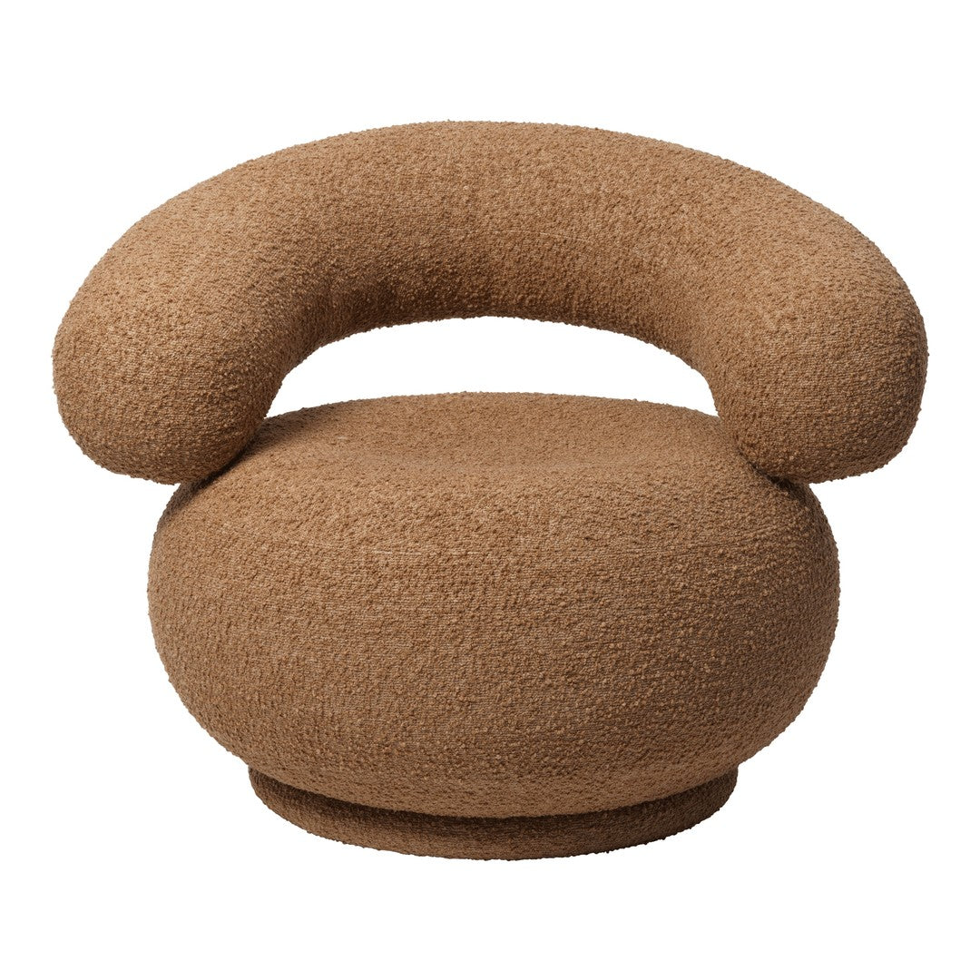 Round brown chair with a textured finish and soft, curved armrest, perfect for modern decor.