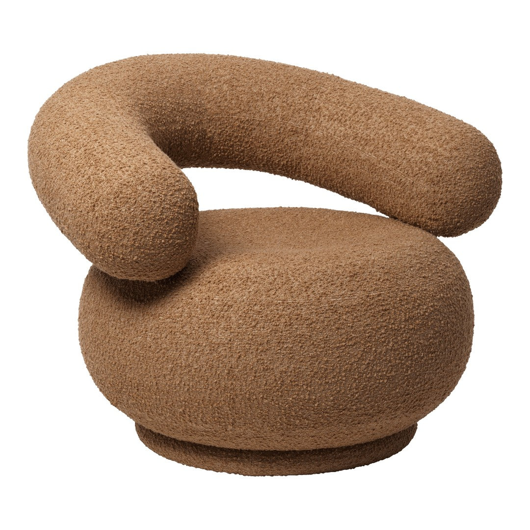 Brown boucle swivel chair with a curved, modern design and plush texture, perfect for contemporary interiors.