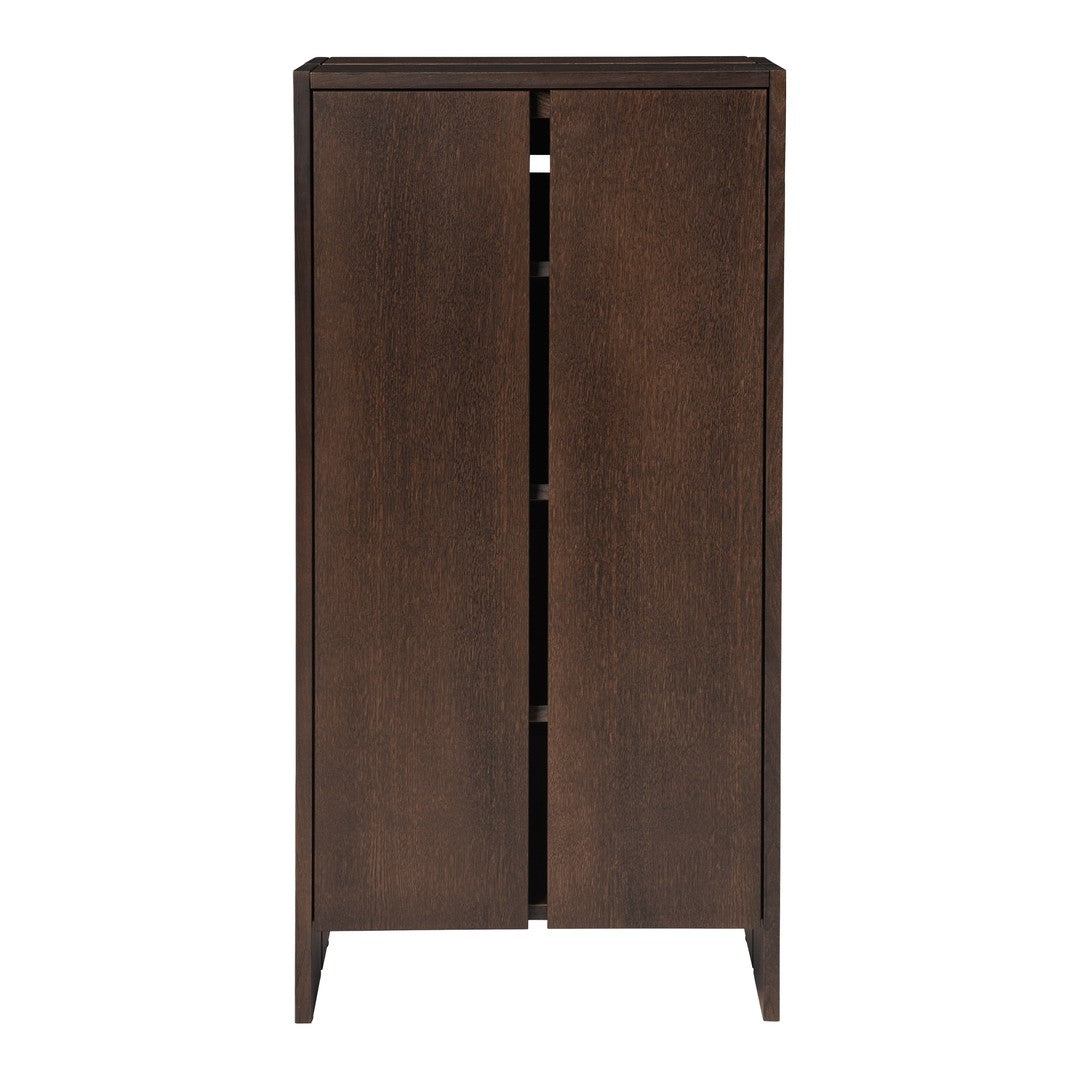 Dark wood cabinet with a smooth finish, showcasing a modern minimalistic style and sleek lines.