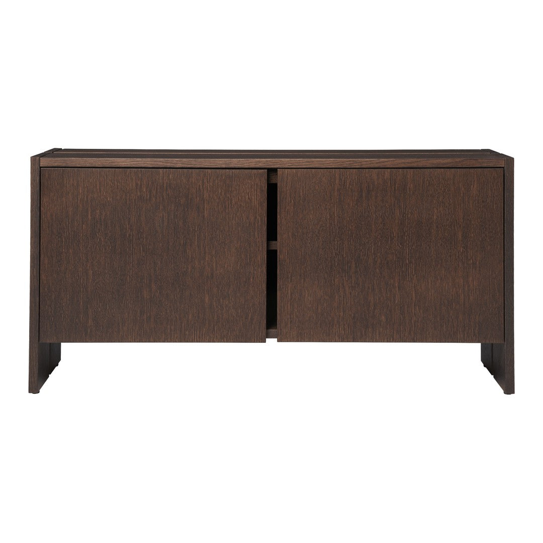 Dark brown wooden sideboard with a sleek, minimalist design and subtle linear texture. Perfect for modern decor.