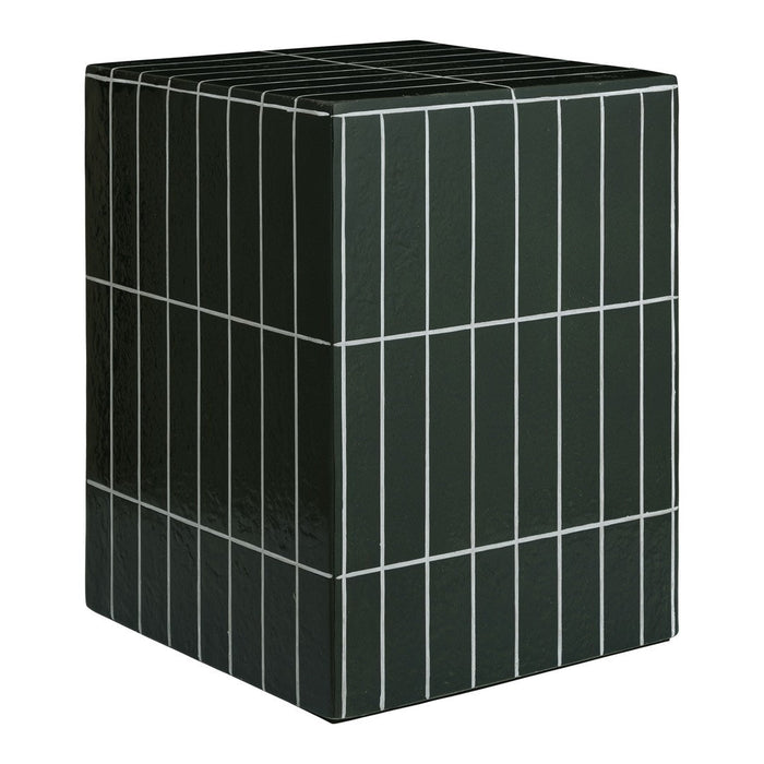 Dark green cube with white vertical and horizontal stripes, featuring a modern geometric pattern.