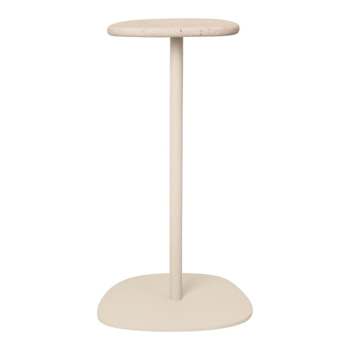 Beige round top table with a smooth finish and a minimalist design on a solid base. Perfect for modern decor.