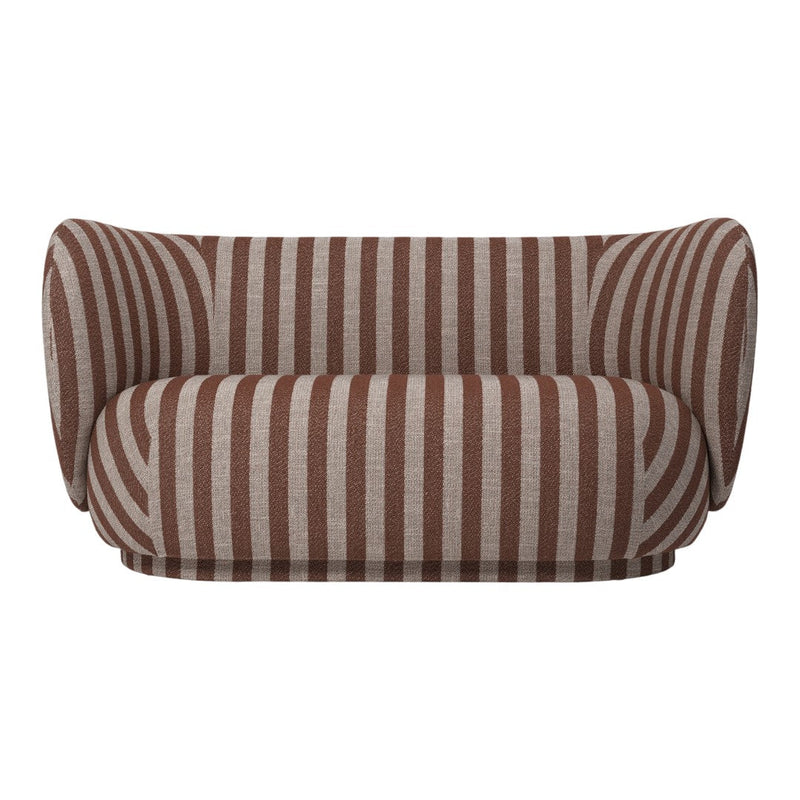 Brown and beige striped sofa with a rounded design and plush upholstery, perfect for modern interiors.