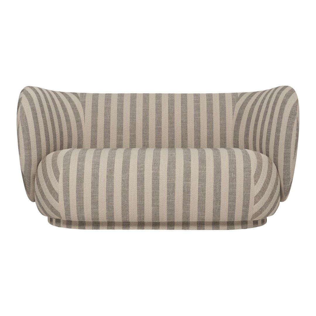 Beige and gray striped sofa with a rounded design, showcasing a modern and stylish pattern. Perfect for any decor.