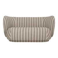 Beige and gray striped sofa with a rounded design, showcasing a modern and stylish pattern. Perfect for any decor.