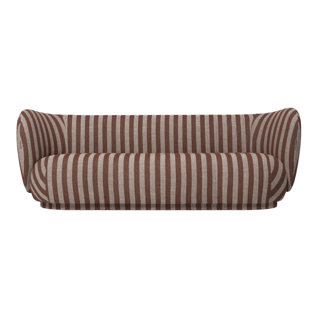 Brown and beige striped sofa with a rounded silhouette, adding a modern touch to any living space.