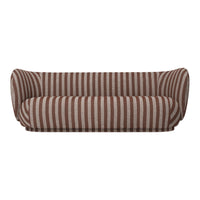 Brown and beige striped sofa with a rounded silhouette, adding a modern touch to any living space.
