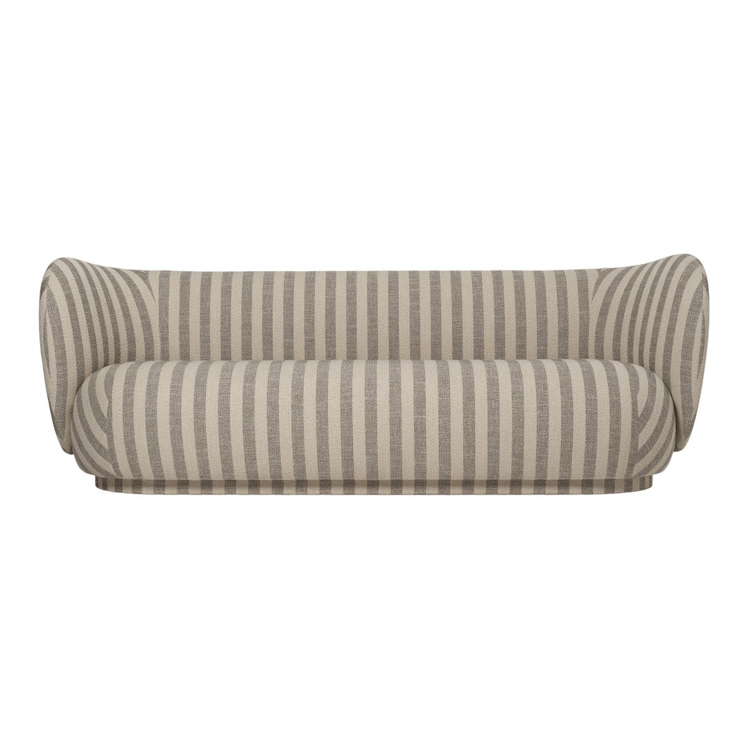 Beige and taupe striped sofa with a rounded design and soft, curvy edges, perfect for modern living spaces.