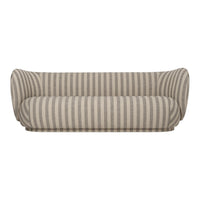 Beige and taupe striped sofa with a rounded design and soft, curvy edges, perfect for modern living spaces.