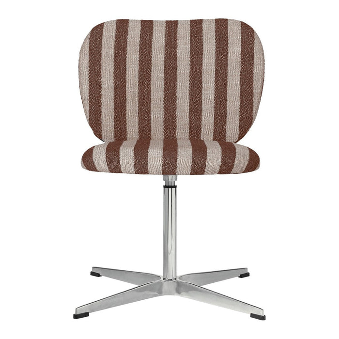 Brown and beige striped upholstered swivel chair on a silver base. Modern design with a bold pattern.