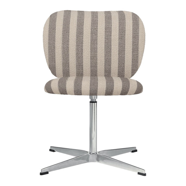 Beige and brown striped upholstered chair with a sleek chrome base, perfect for modern interiors.
