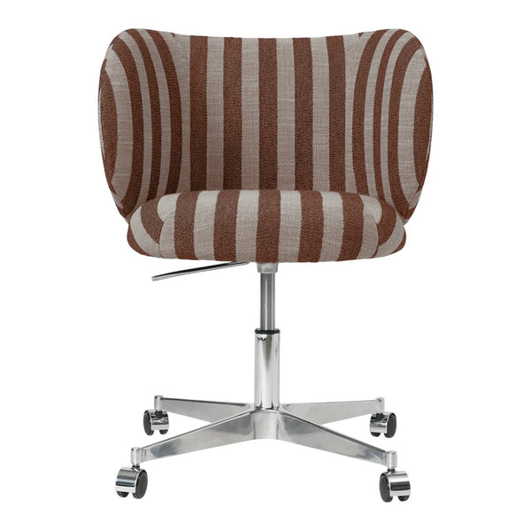 Brown and beige striped swivel chair with a modern design and chrome base. Perfect for stylish home or office decor.