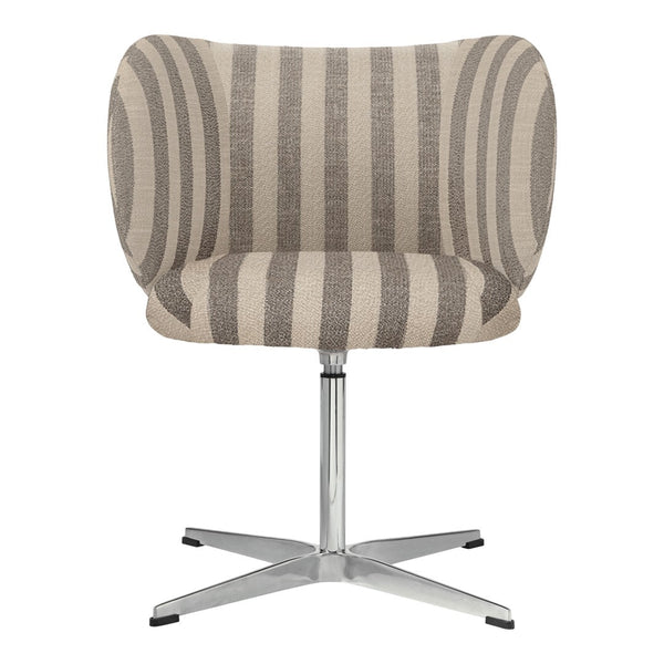 Beige and gray striped accent chair with a modern design and a sleek chrome base. Ideal for contemporary spaces.