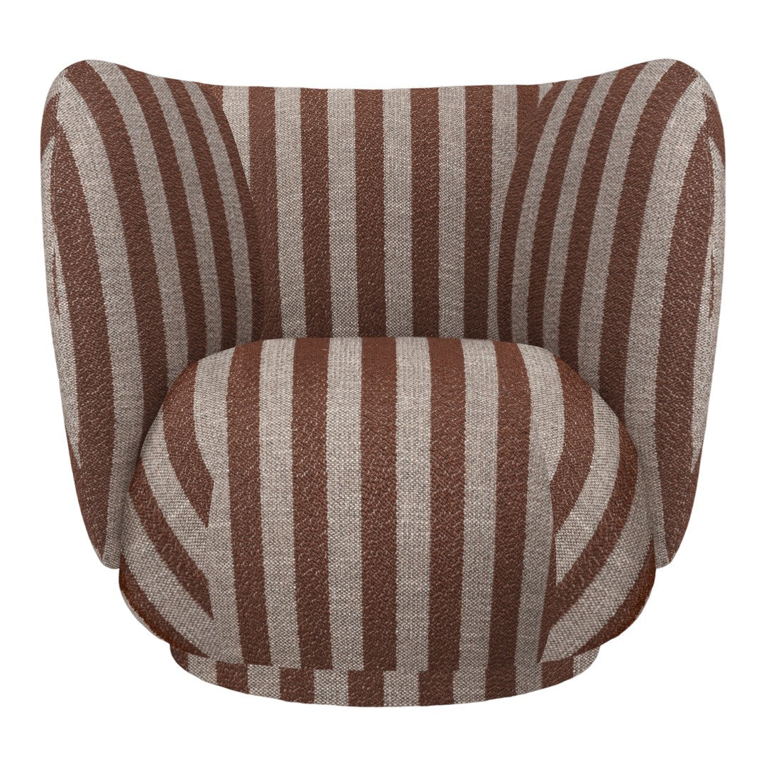 Brown and beige striped accent chair with a contemporary design, perfect for adding a stylish touch to any space.