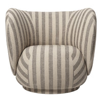 Beige and gray striped patterned armchair with a unique, rounded shape and soft curves. Perfect for modern decor.