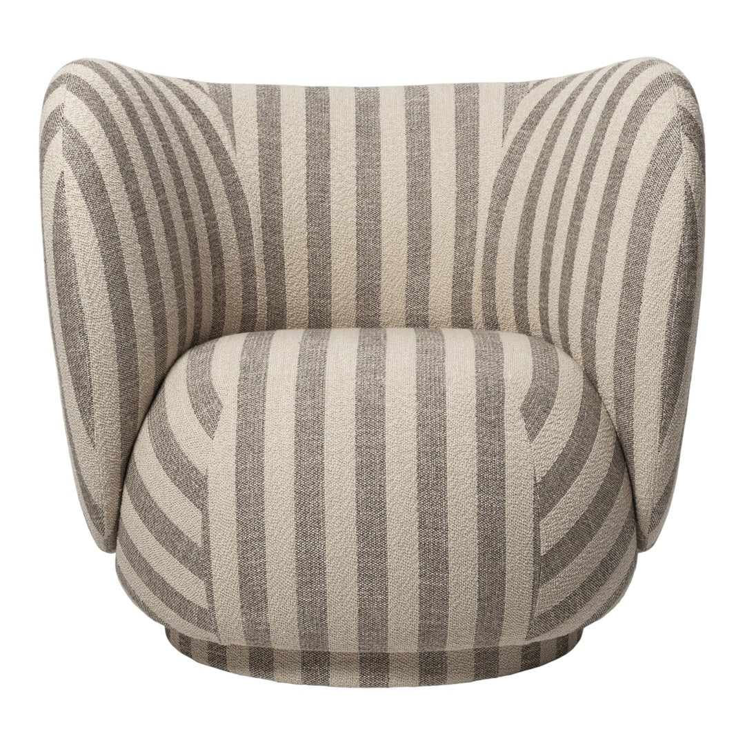 Beige and gray striped patterned chair with a modern, rounded design perfect for contemporary decor.